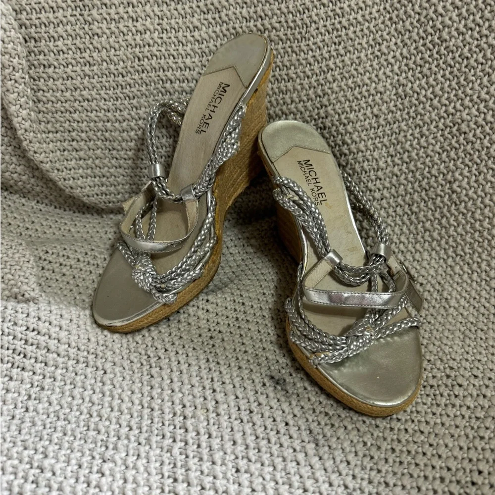 Michael Kors Women's Palm Beach Sandal Size 8‎ Wedge Heel Espadrille Silver